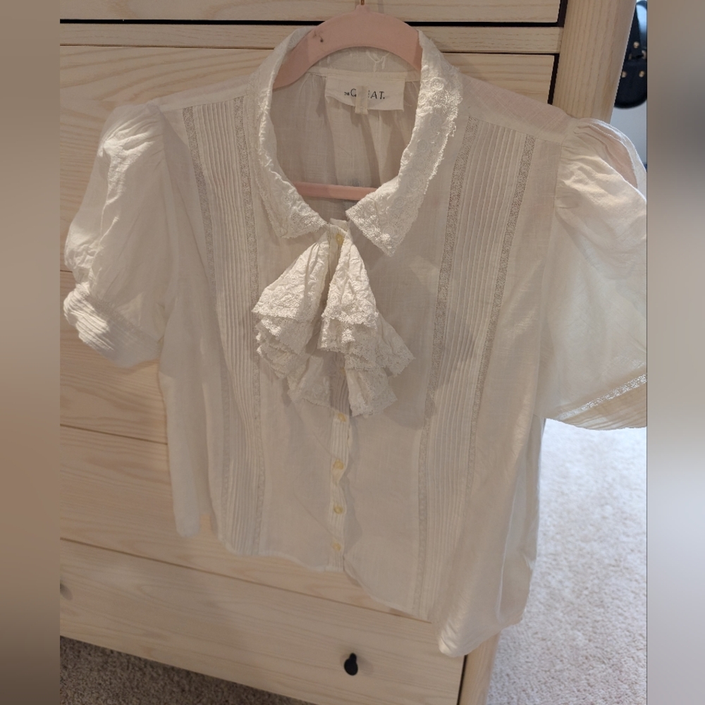 THE GREAT. White Cotton And Lace Blouse